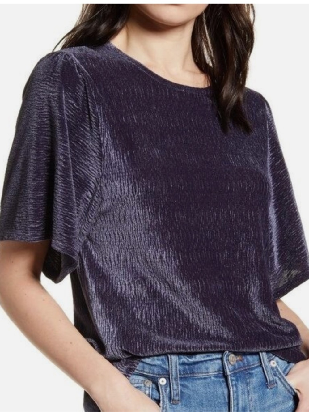 Madewell Texture & Thread Crinkle Velvet Flutter Sleeve Top Size Medium - Picture 2 of 7